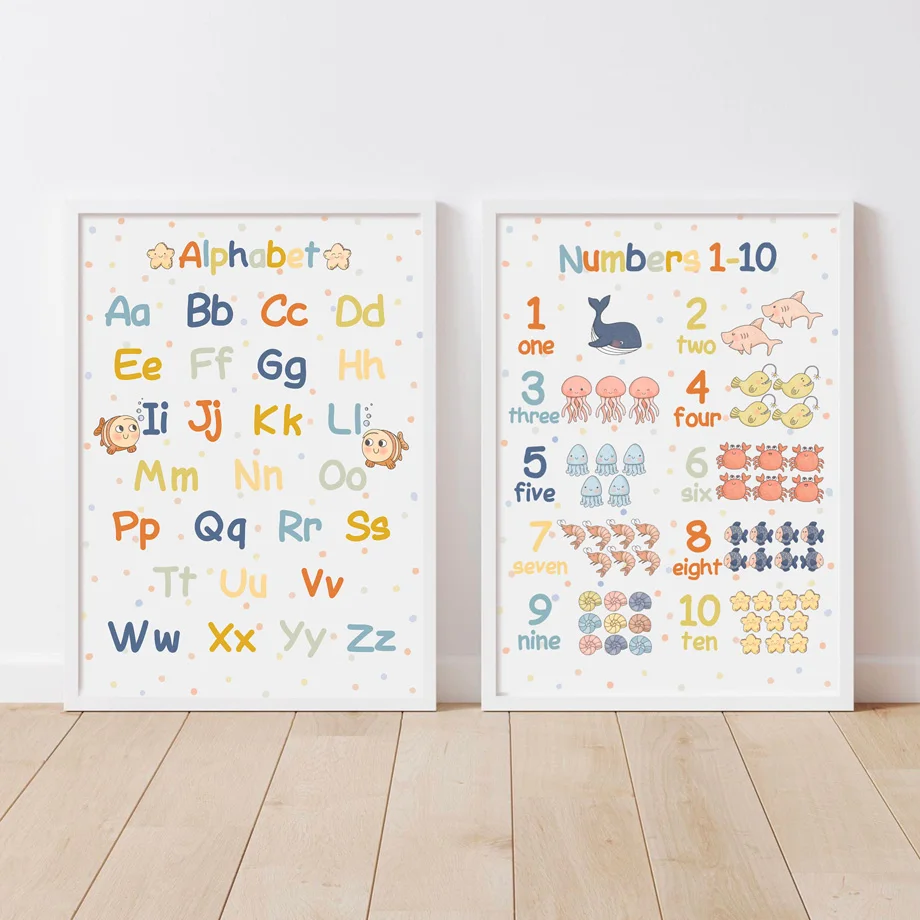 

Wall Art Education Marine Life Alphabet Numbers 1-10 Canvas Painting Nordic Posters And Print Home Decor Pictures Baby Kids Room
