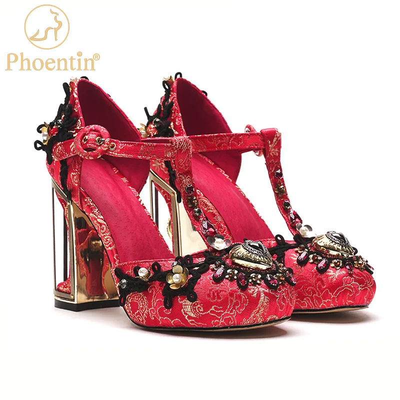 Phoentin-zapatos de boda rojos para mujer, calzado Vintage con forma de corazón, con correa en T de cristal, tacones altos, a la moda, 2021, FT1324