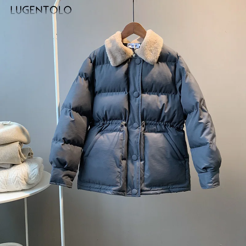 

Lugentolo Women Parka Coat Winter Warm Foreign Fur Collar Jacket Korean Straight Slim Coats Solid Female Simple Parkas