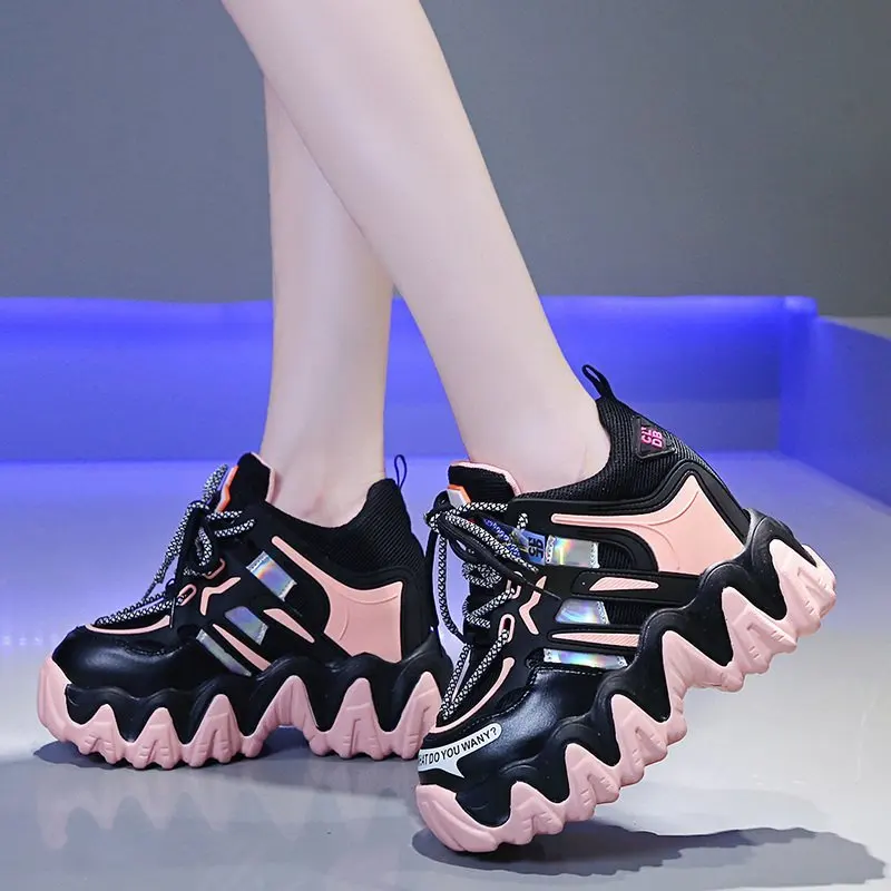 

Women Chunky Hidden Heels Platform Sneakers Girl's Pink Laser Thick Bottom Vulcanized Shoes Woman Lace Up Casual Shoes Ladies