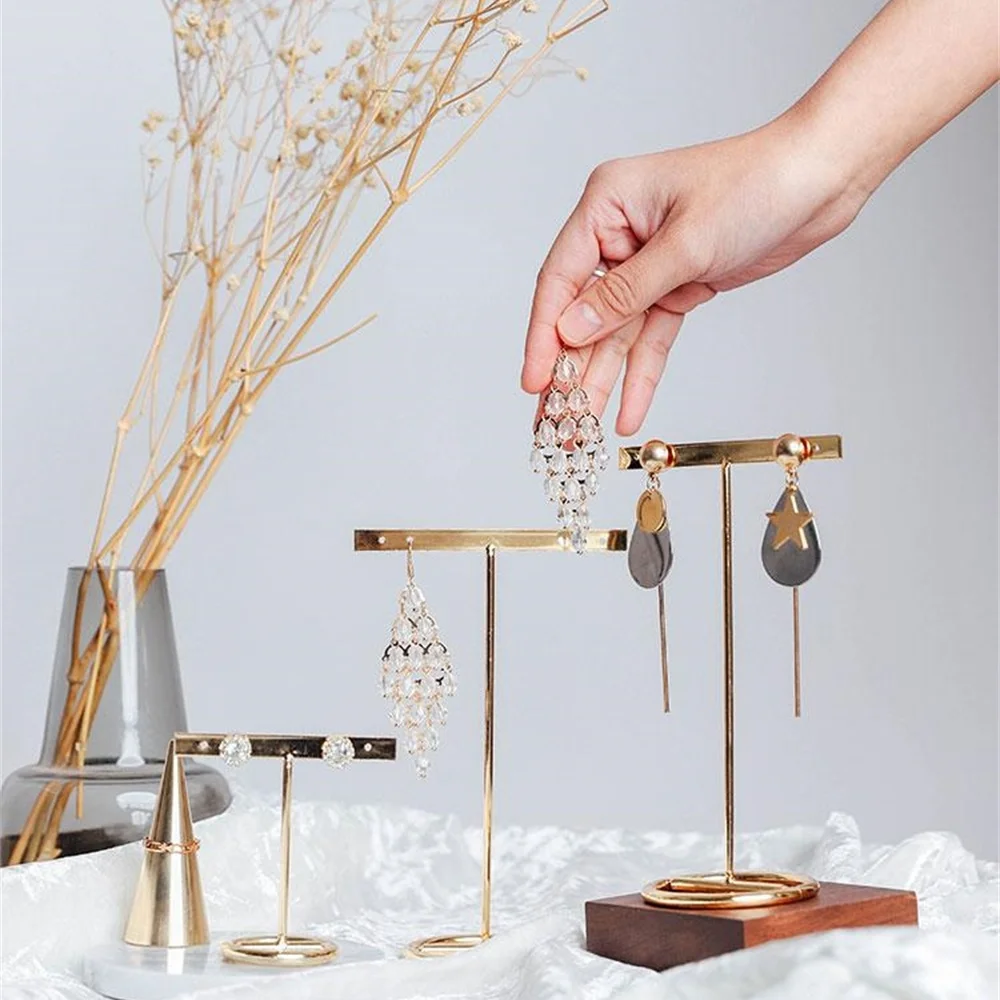 Simple Exquisite Gold Jewelry Storage Organizer Earrings Rack Finger Ring Bracelet Display Set Metal Earring Hanging Stand Wood | Дом и сад