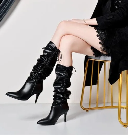 Однотонные черные белые золотистые серебристые женские сапоги до колена на