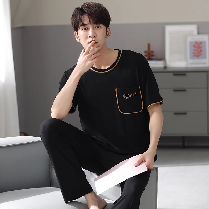 

Пижама Мужская из модала, тонкие брюки с коротким рукавом, пуловер свободного покроя в европейском и американском стиле, домашняя одежда на ...