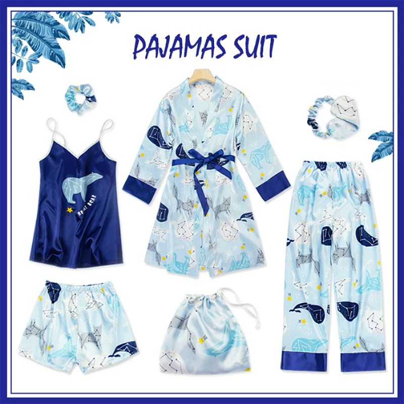 7 шт. женский Шелковый Атласный набор пижам пижамы Пижама Пижамный костюм
