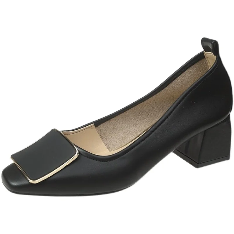 

Square Toe Black Heel Shoe Slip On Work Dress Professional Lace-Up Branded Pumps 2021 Sandals Ladies Shallow Mouth All-Match Sli