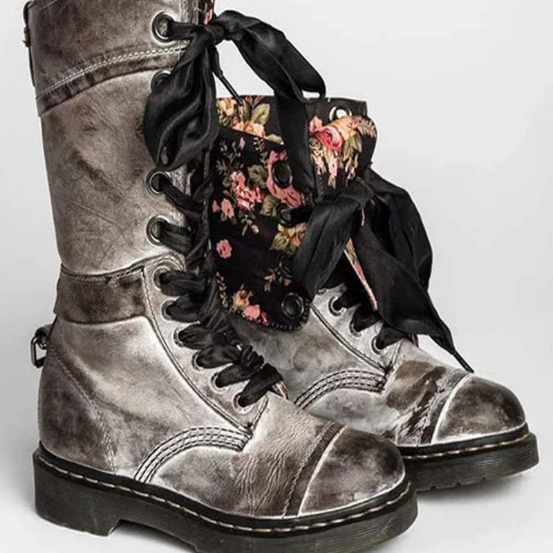 

2020 Autumn Winter Women Retro Vintage Boots Mid Calf Female Steampunk Pu Leather Sewing Shoes Lace Up Footwear Plus Size 35-43