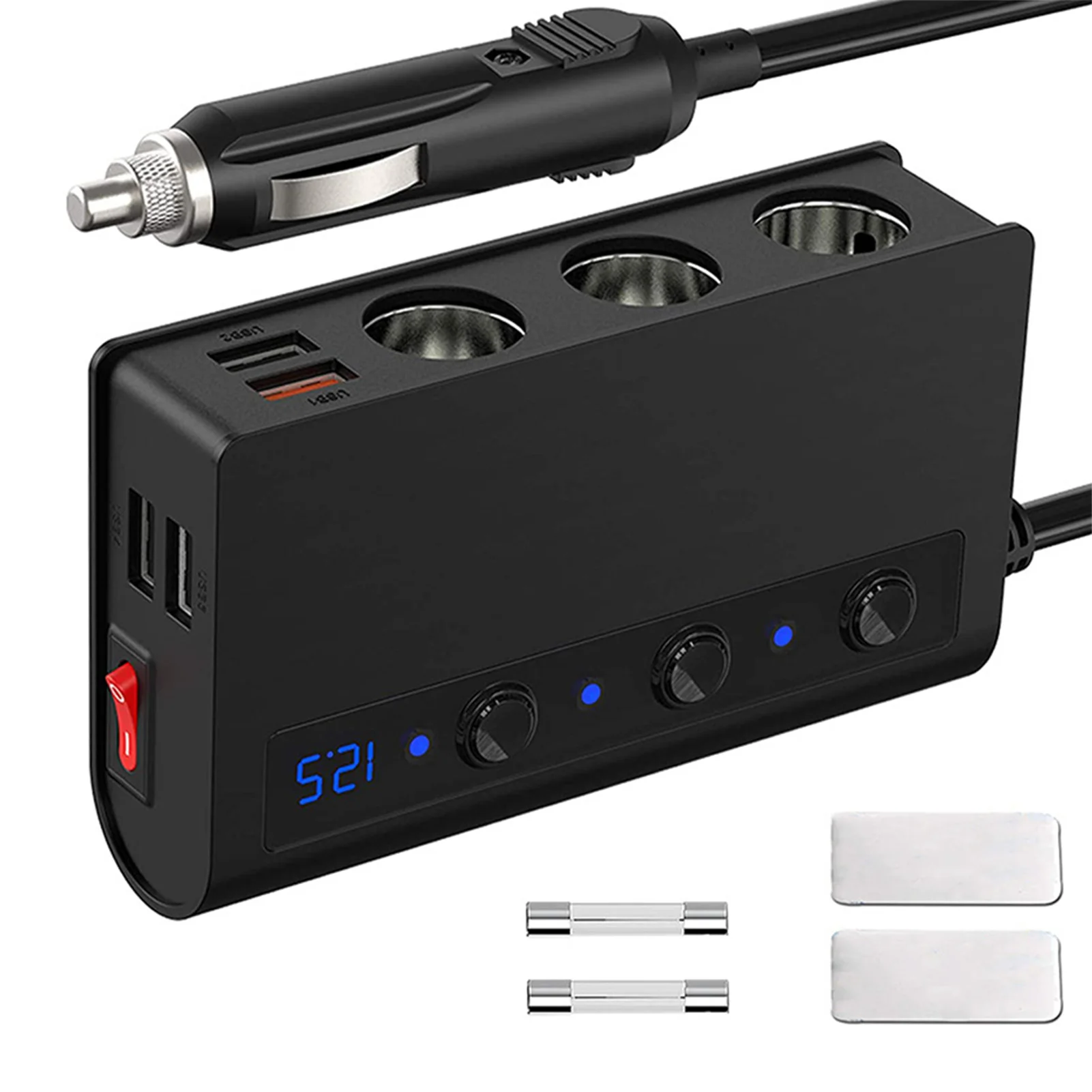 

3 Socket Lightweight Dual USB Multifunction Universal Car Charger Digital Display Easy Install Portable Adapter Practical Repair