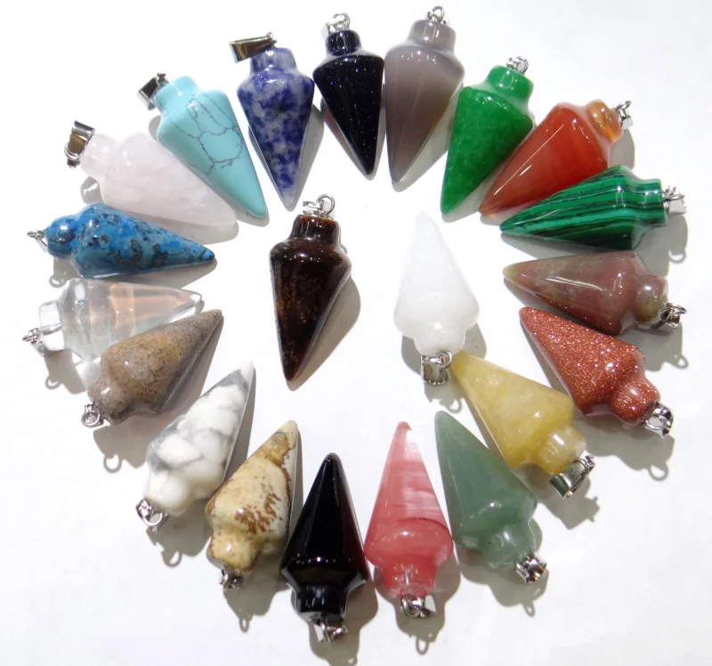 

12pcs Mix Natural Stone Reiki Pendulum Amulet Circular Cone Charms Pendant for DIY Making Jewelry Accessories Wholesale 30*13MM