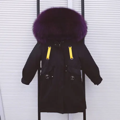 Black purple Новинка года, парки с натуральным мехом для мальчиков и девочек зимняя детская куртка Xlong пальто с капюшоном из натурального меха енота Съемная подкладка из кроличьего меха - Цвет: Black purple