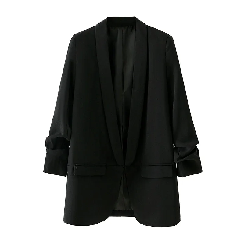 

Stylish Office Wear Basic Blazer Coat Vintage Three Quarter Sleeves Pockets Female Blazers Outerwear Chic Black Tops