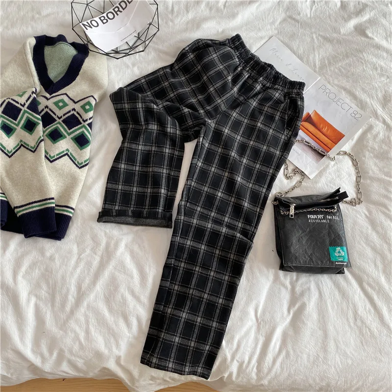 

Брюки женские в клетку, повседневные шикарные Широкие штаны в стиле оверсайз, универсальные уличные ретро-штаны для подростков в стиле Харадзюку, хип-хоп