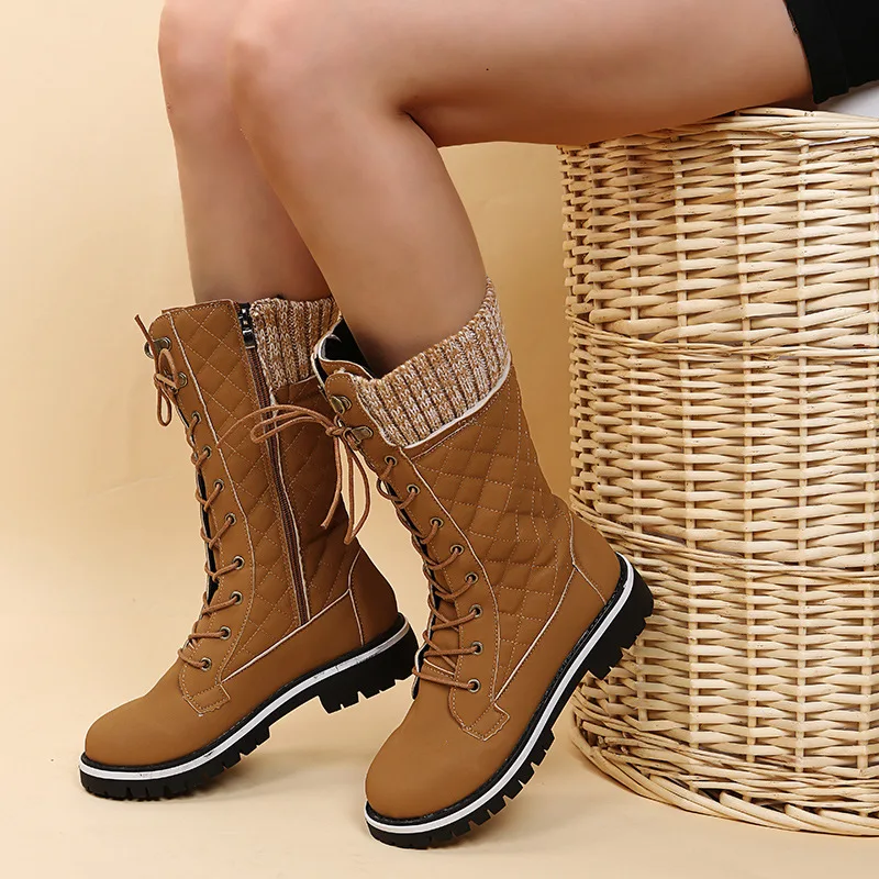 

2022 Women Winter Buckle Lace Knitted Mid-calf Boots Low Heel Round Toe Boots Top Quality Winter Warm Boots Women Botas De Mujer