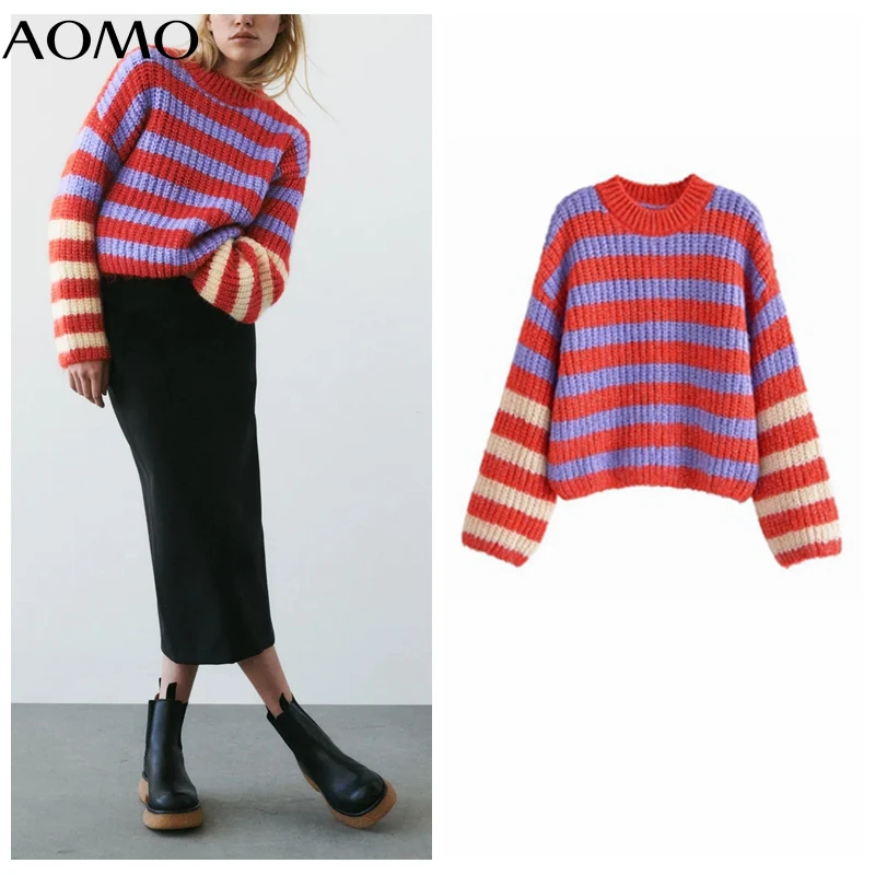 

Женский трикотажный свитер AOMO в разноцветную полоску, джемпер, пуловеры оверсайз, шикарные топы 3H949A, Осень-зима 2021