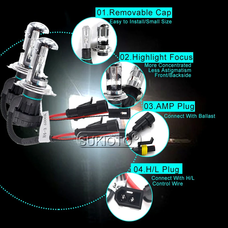 SUKIOTO AC 12V Bixenon H4 HID Xenon Bulbs 35W 55W H4-3 Hi/Lo Beam Headlight Replacement Bulb 4300K 5000K 6000K 8000K | Автомобили и