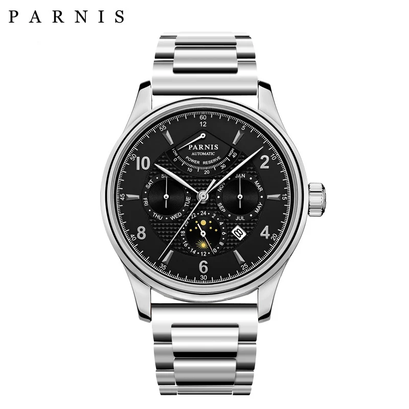 Parnis 43mm Stainless Steel Band Automatic Mechanical Men's Watches Moon Phase Power Reserve Men Watch Miyota Clock Gift for Man |