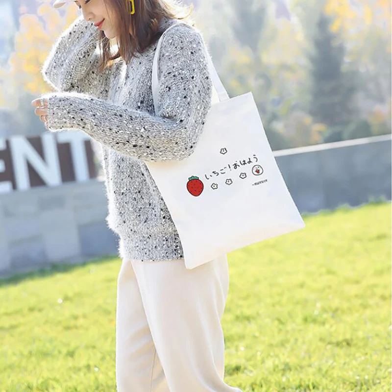 

Women Canvas Shoulder Tote Environmental Protection Fashion Strawberry Printed Harajuku Style Handbag Shopping Pouch