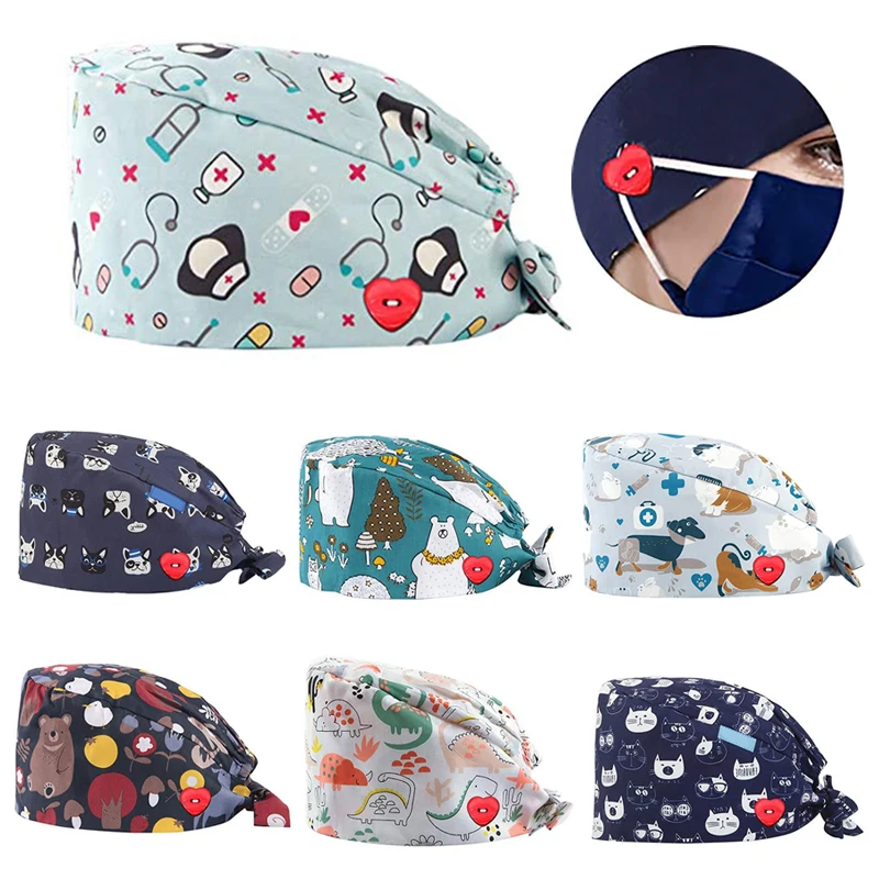 

1PC New Nurse Hat Beanie Baotou Cap with Sweatband Cartoon Printing Scrub Cap Adjustable Pet Work Hats for women