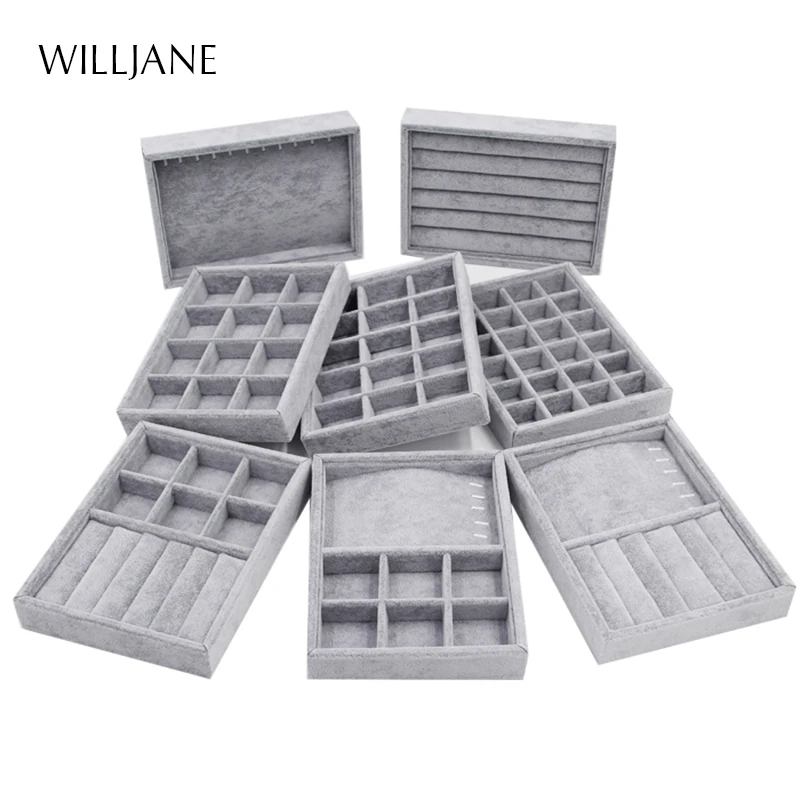 Ring Jewelry Display Tray Bracelet Chains Organizer Gray Soft Velvet Drawer Storage Case Pins Earrings Storing for Drawer Space