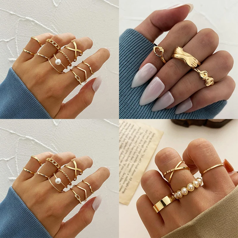 

Boho Trendy Style Temperament Ring Jewelry Personality Female Retro Alloy Enamel Pearl Beaded Irregular Ring Set For Women