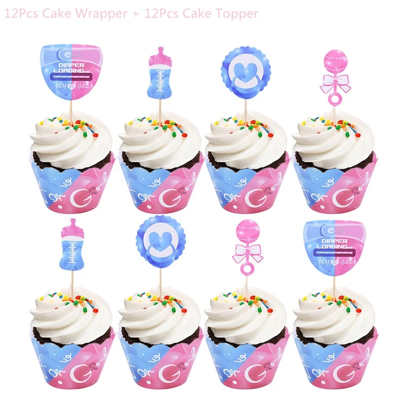 24pcs cupcake decor Вечерние украшения для мальчиков или девочек, баннеры с воздушными шарами, одноразовые столовые приборы для мальчиков и девочек, украшения для душа для малышей, воздушные шары - Цвет: 24pcs cupcake decor