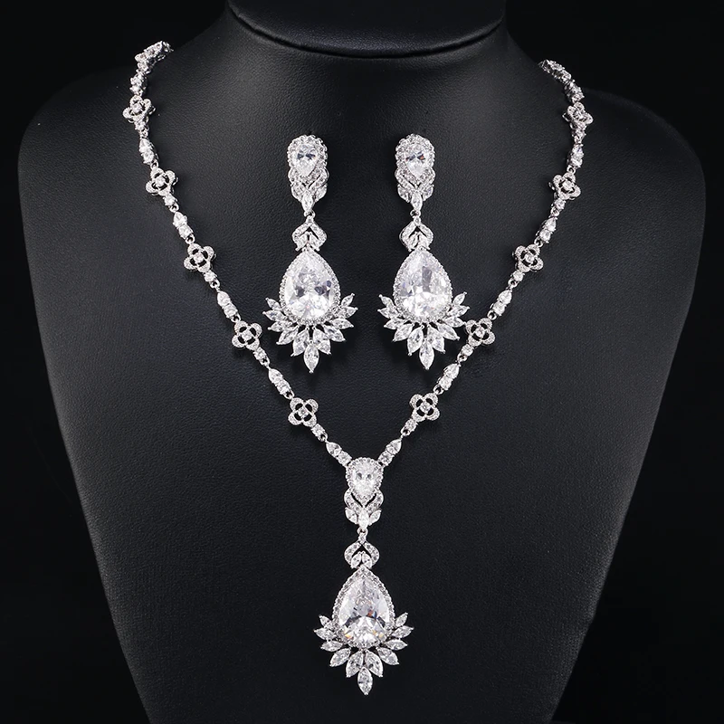 White Set RAKOL элегантный роскошный большой голубой цвет воды Dorp кулон серьги ожерелье Изысканный кристалл набор украшений для женщин RAS2014K - Окраска металла: White Set