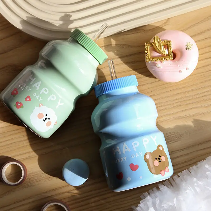 

Water Bottle Traving 420ml Ceramics Drinking Bottle Yakult Shape With Straw Cute Kawaii Milk Drinkware Shaker Bottle Kids Girl
