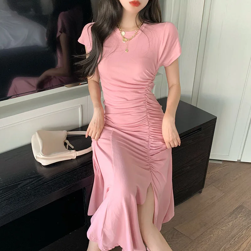 

Elegant Vintage Dress French Solid O-Neck Shirring Slim Midi Dress Office Lady Korea Style Casual Thin Women Dresses Summer 2021