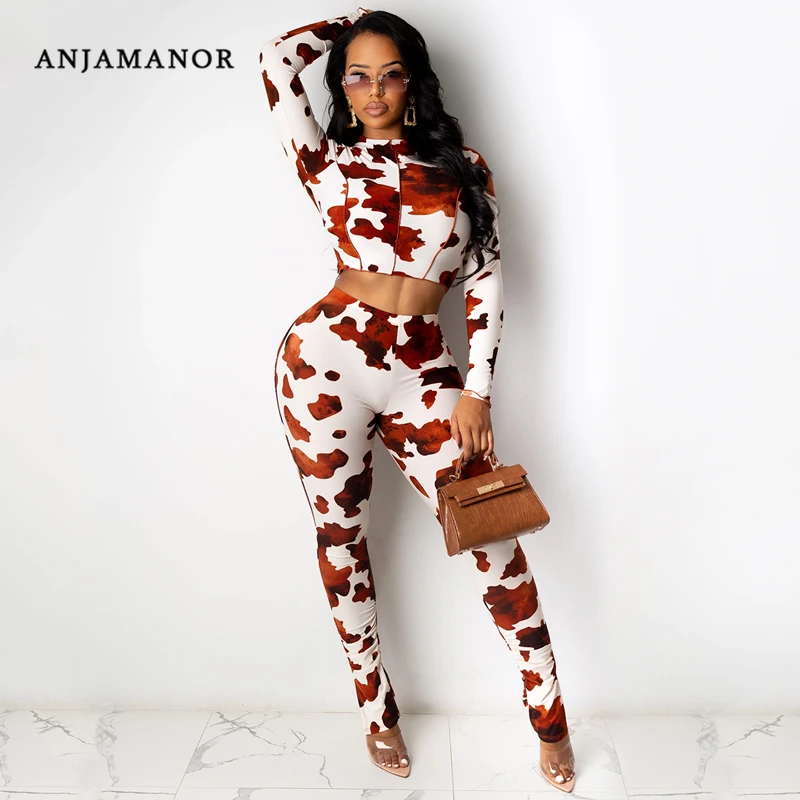 

ANJAMANOR с камуфляжным принтом, комплект из 2 предметов Женские костюмы сексуальное облегающее спортивный костюм Топ с длинным рукавом и штаны,...