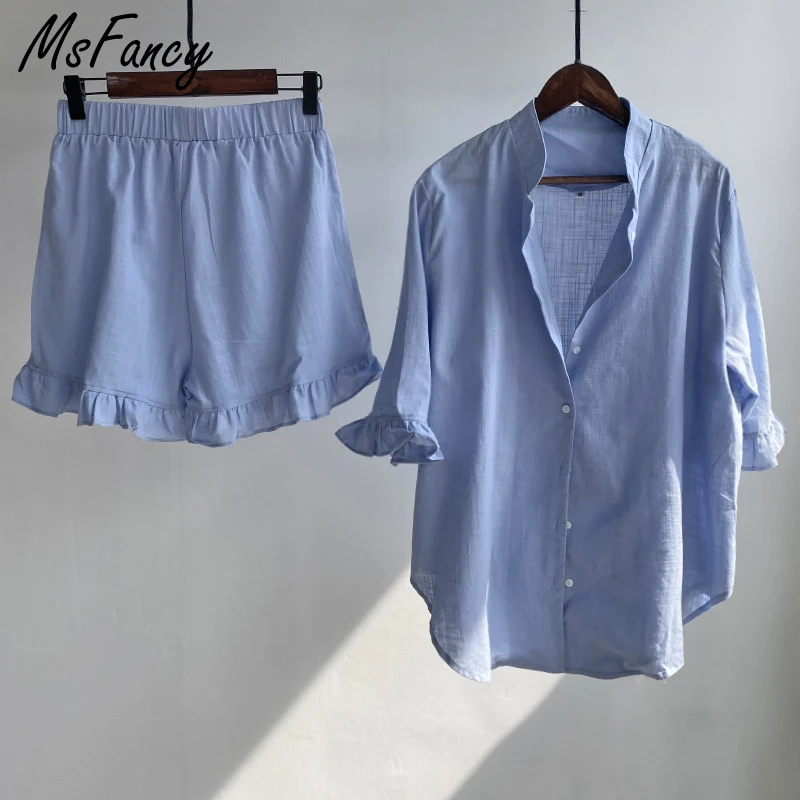 msfancy summer shorts sets women cotton 2 piece set 2021 mujer stand collar shirt half sleeve vintage pajamas suit free global shipping