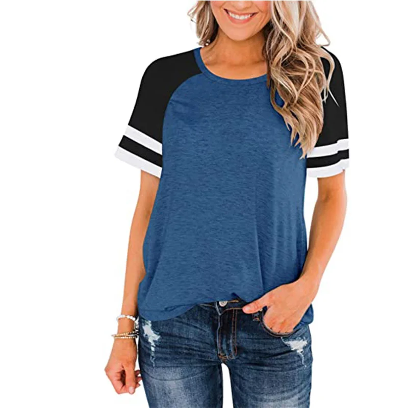 

2021 summer new fashion casual wear stitching raglan sleeve short sleeve striped contrast loose T-shirt