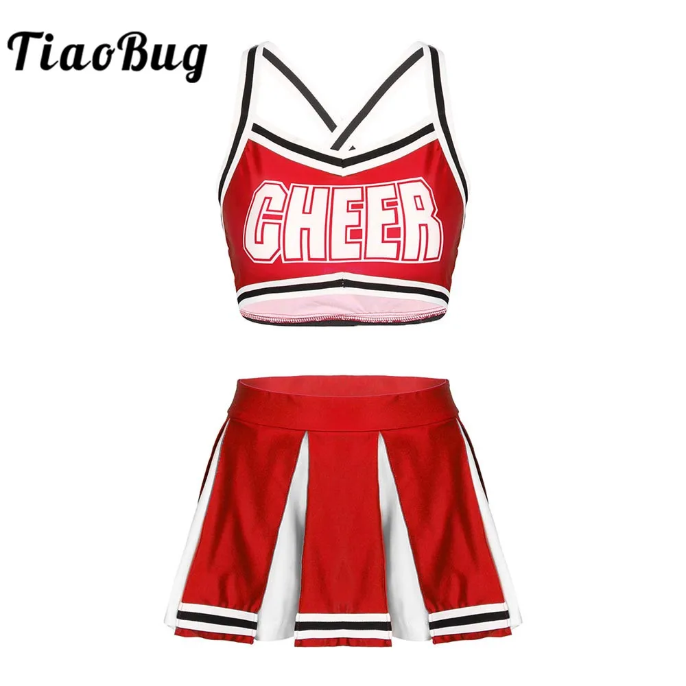 

Women Stage Performance School Team Jazz Dance Costume Sleeveless Crop Top with Mini Pleated Skirt Female Cheerleader Uniforms