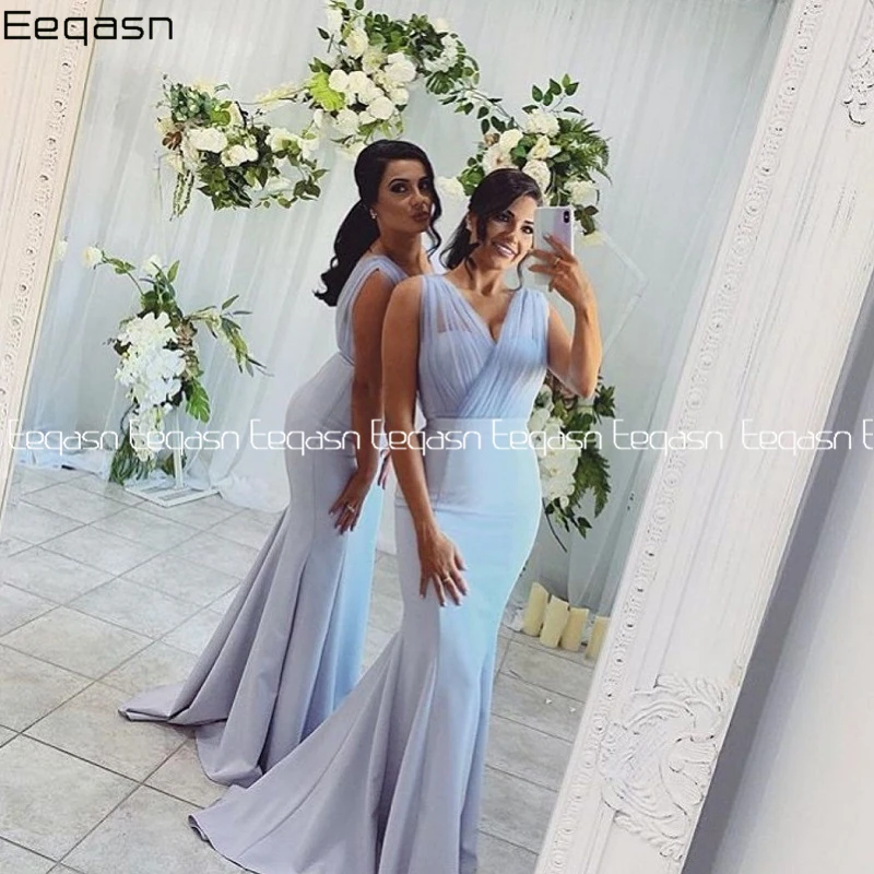 

Eeqasn Baby Blue Sexy Mermaid Bridesmaid Dresses 2020 Satin Long Maid Of Honor Wedding Party Dresses vestidos Cheap Custom Size
