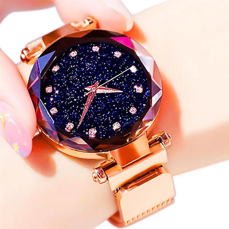 

Роскошные женские часы Звездное небо, браслет из розового золота, магнитный сетчатый ремешок, стразы, кварцевые наручные часы, женские часы ...