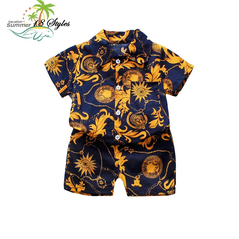

1-5Y Summer Boho Kids Baby Boy Clothes Floral Print Sets Short Sleeve T-Shirt+pants Children Boys Beach Wear Outfits Novelty