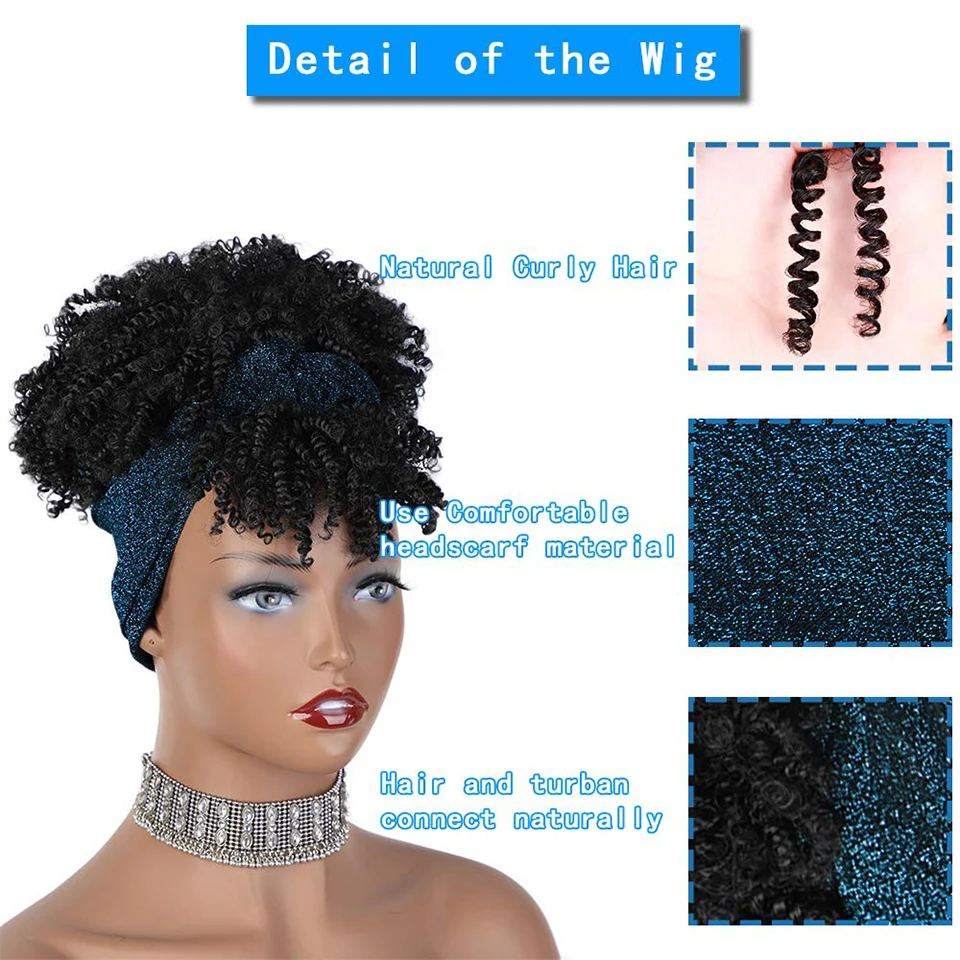 MONIXI Synthetic Short Headband Wigs Black Afro Kinky Curly Wig with Bangs Blue Turban Head Wrap Wigs for Women