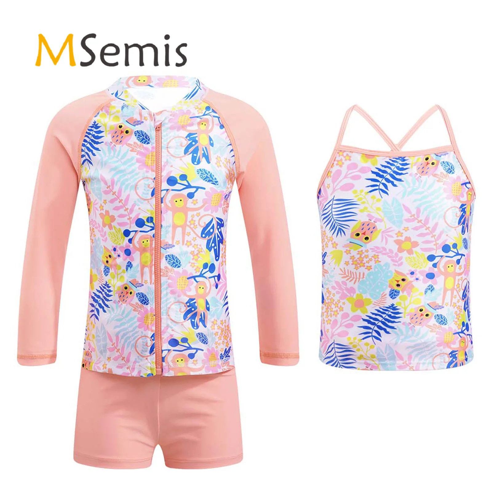 

Купальник с цветочным принтом для девочек, жилет на бретелях-спагетти с длинными рукавами, топы и шорты, купальный костюм, купальный костюм