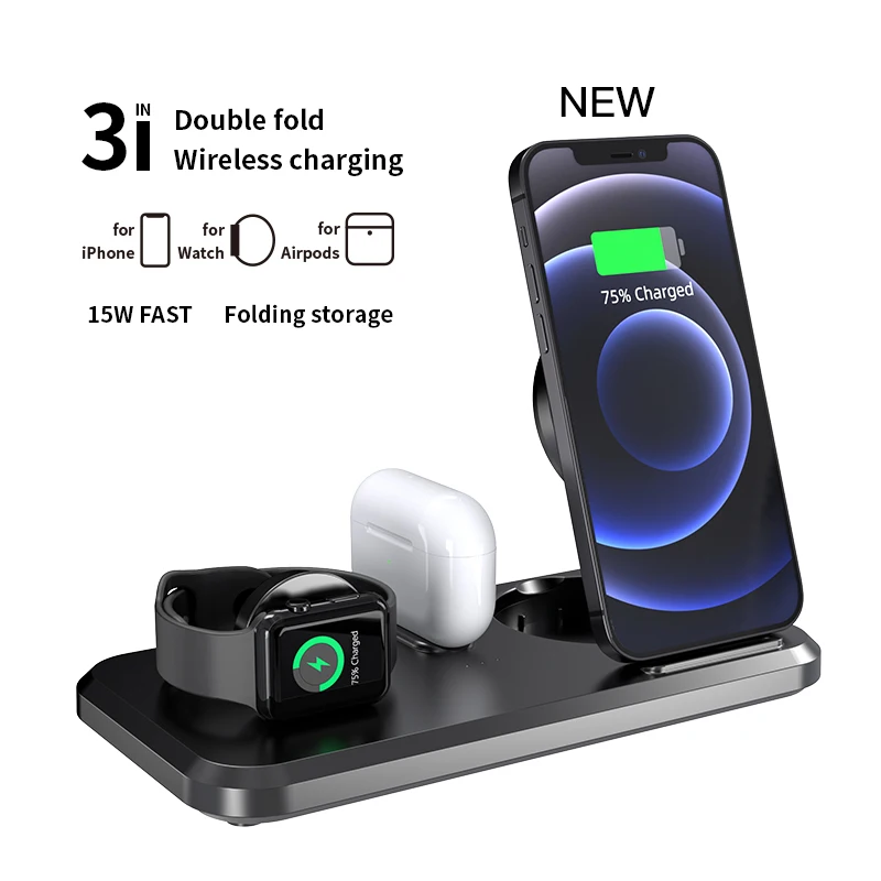 

15W Three-in-One Wireless ChargerFor iphone 12 Bluetooth Headset Smart Watch Double Folding Multifunctional Wireless Charger