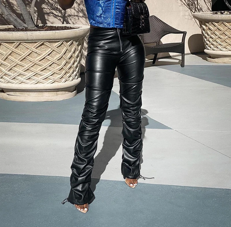 

Women Stretch Faux Pu Leather Stacked Pants Elegant High Waist Female Drawstring Ankle Pleated Trousers Ruched Zipper Joggers