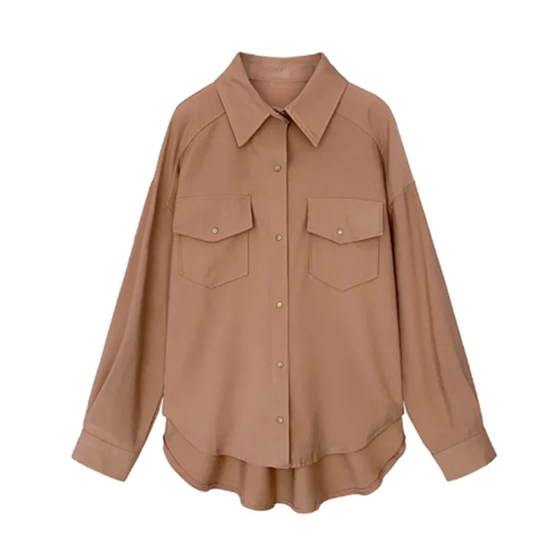 Блузка женская однобортная с воротником лацканами хлопковая Однотонная рубашка