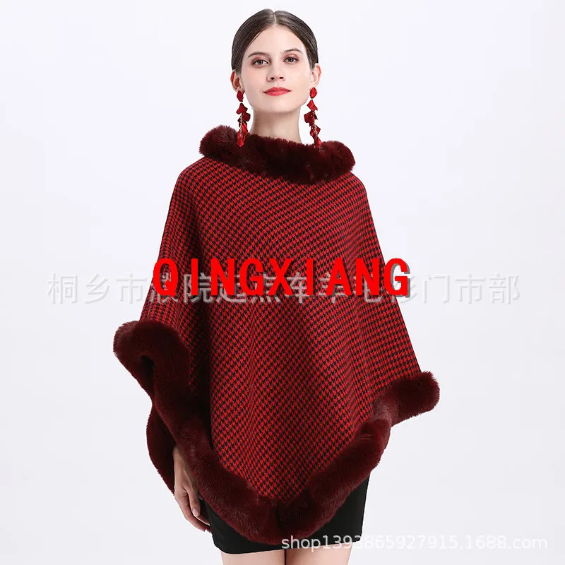 

5 Colors 2021 Faux Rabbit Fur Neck Loose Houndstooth Pullover Winter Women Triangle Poncho Knitted Cape Out Streetwear Coat
