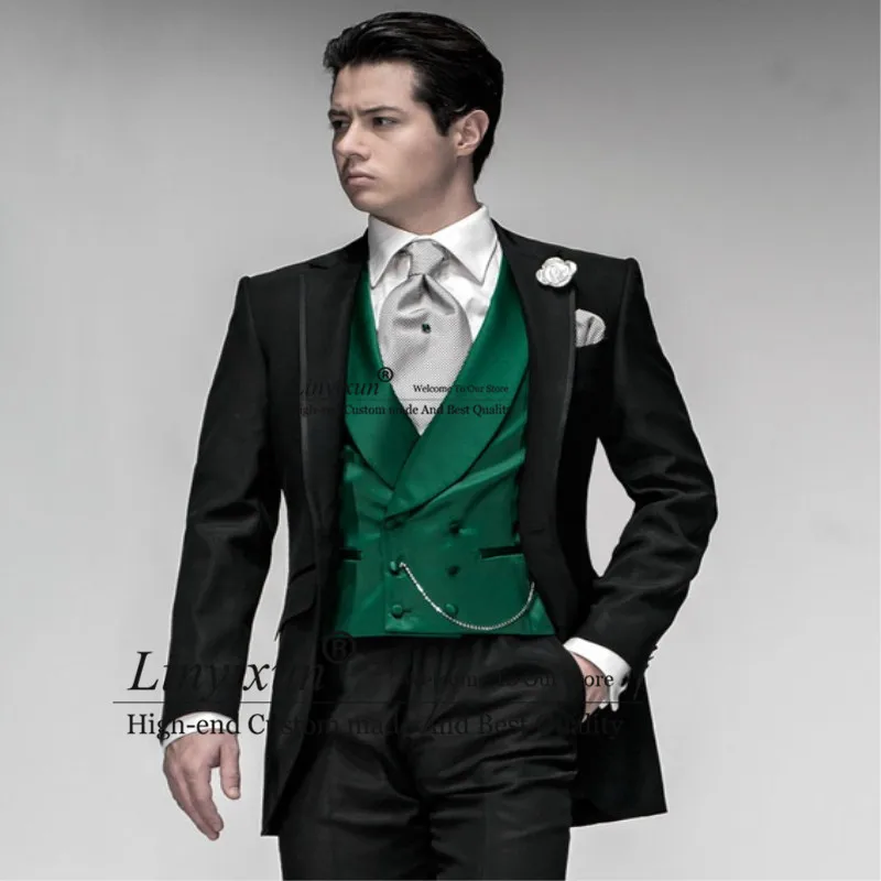 

Latest Coat Pant Designs Italian Black Green Satin Men Suit Jacket Prom Tuxedo Slim Fit 3 Piece Groom Custom Blazer Masculino