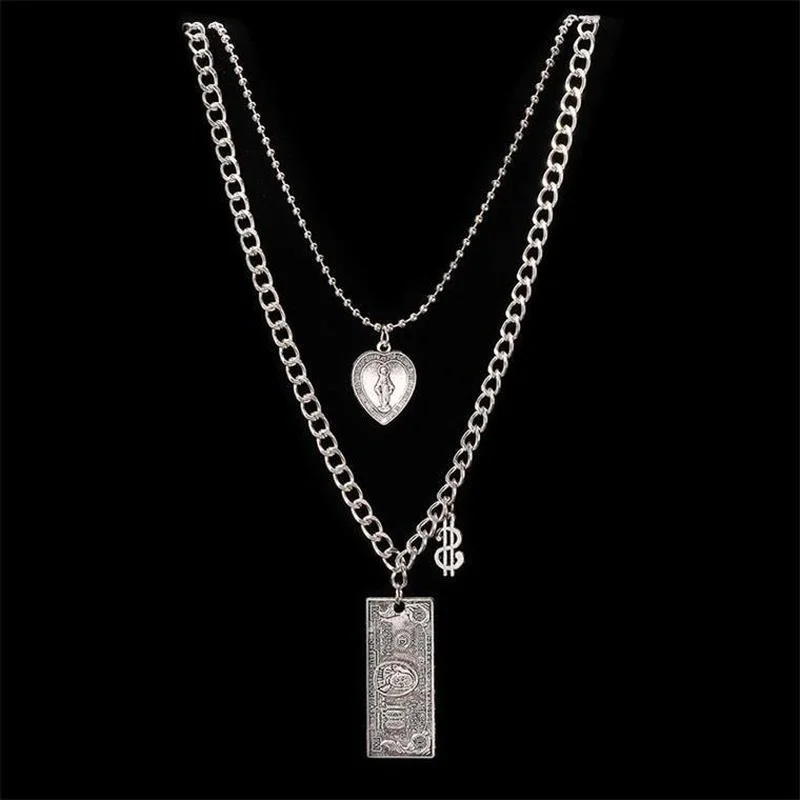 

7Rings Punk Style Hip Pop Vintage Necklace for Women Men Multi Layers Cool Heart Stainless Steel Coin Necklace Fashion Jewelry