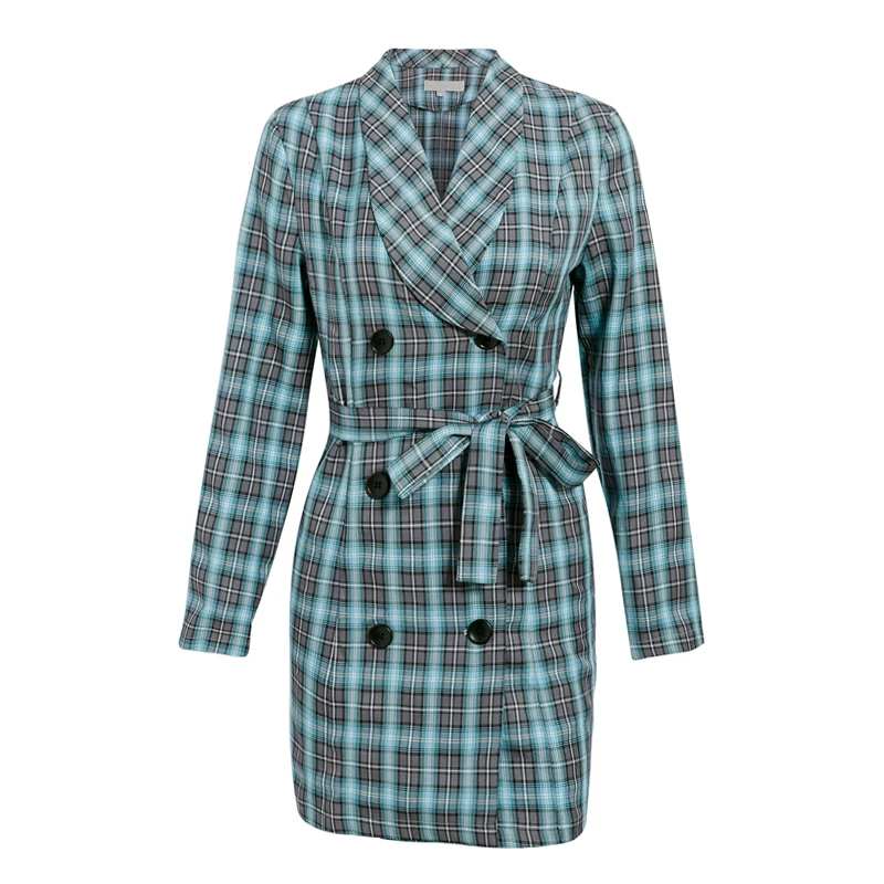 Новинка 2019 Осеннее офисное женское двубортное клетчатое платье-блейзер в клетку