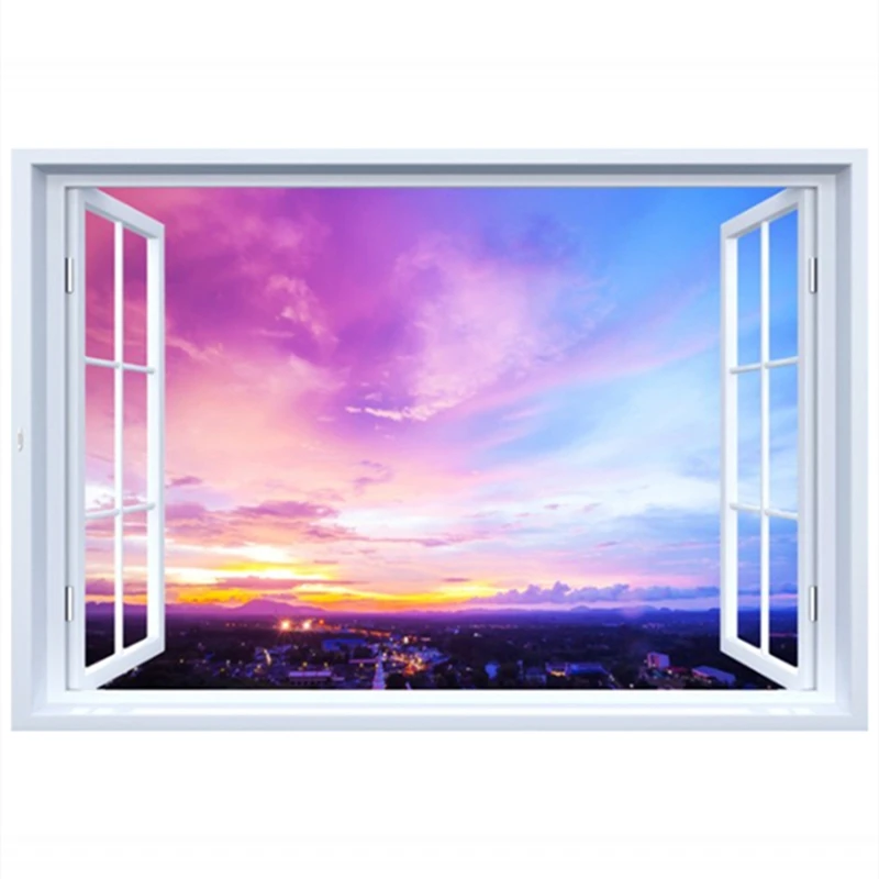 Вид на город поддельные наклейки окна восход солнца 3d настенная виниловая