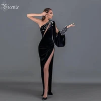 VC Nail Bead Decorative Lantern Sleeve Long Sleeve Diagonal Collar Side Split Black Long Velvet Dress