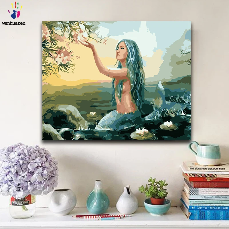 DIY Раскрашивание по номерам русалки в море картины с комплектами 40x50
