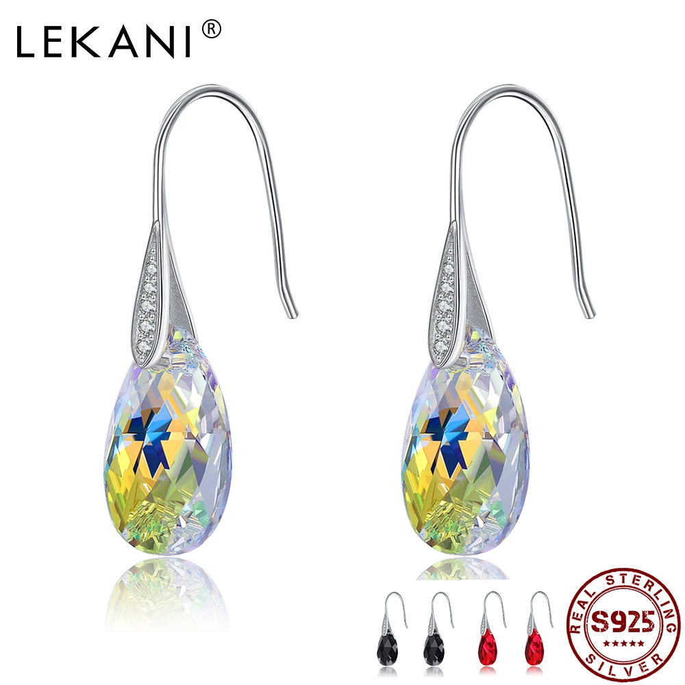 

LEKANI 925 Sterling Silver Drop Earrings For Women Korean Geometric Luxurious Crystal Water Female Jewelry Wedding Earrings 2021
