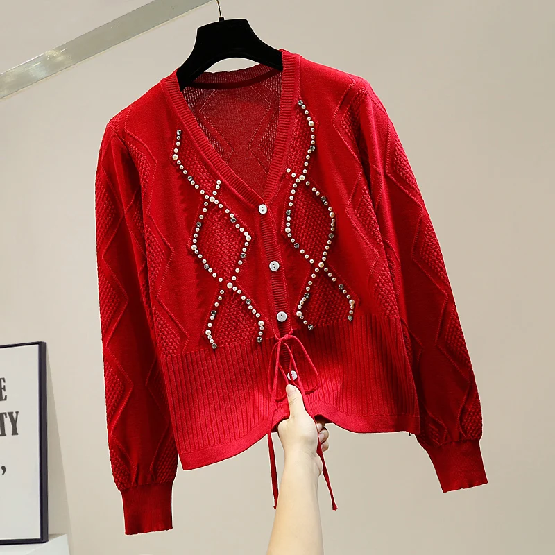 

2020 Autumn Cardigan Coat for Woman New Beaded Diamond V-neck Lace-up Single-Breasted Sweaters Hollow Knitted Cardigan Sweater