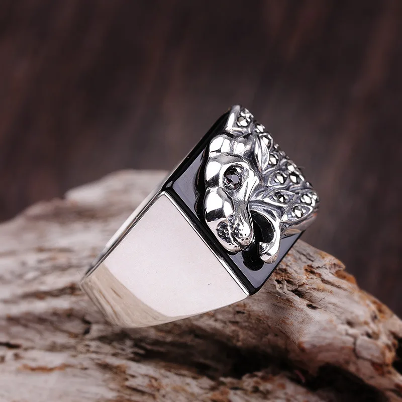 Sterling Vintage Men's Rings Natural Black Tiger Shape Pattern Design Male With Stones Turkey Jewelry Gift | Украшения и