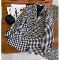 cosmicchic 2021 houndstooth blazer women england style slim woolen coat female vintage long sleeve outerwear chic suits tops